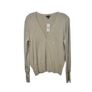 NWT‎ Ann Taylor Womens Cardigan Sweater Large in Beige Tight-Knit Balloon Sleeve